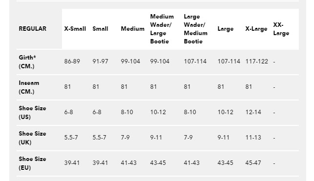 waders size chart